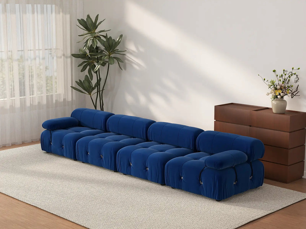 Éther Blue 4-Seater Couch Sectionals | 4-Piece, Velvet Fabric, Fixed Upholstery