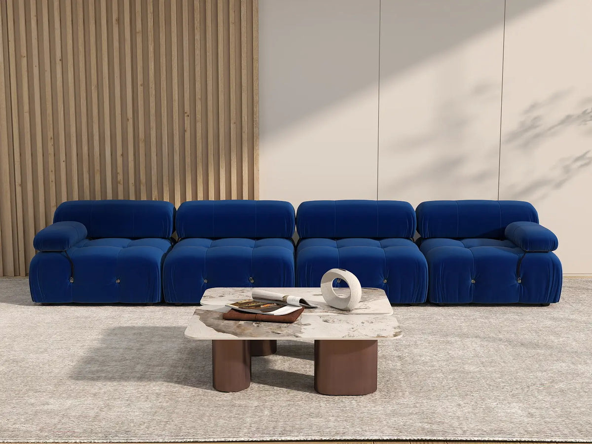 Éther Blue 4-Seater Couch Sectionals | 4-Piece, Velvet Fabric, Fixed Upholstery