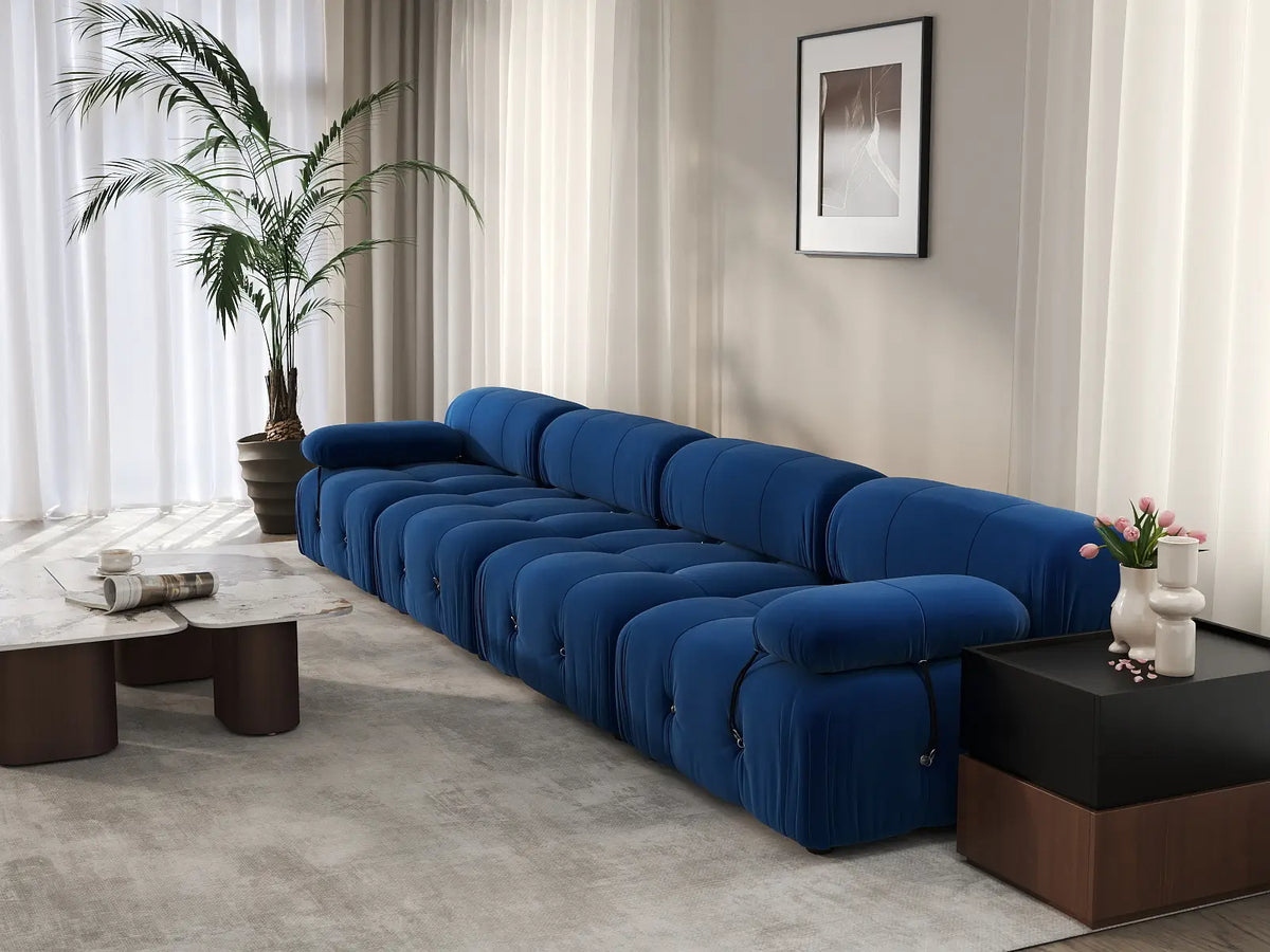 Éther Blue 4-Seater Couch Sectionals | 4-Piece, Velvet Fabric, Fixed Upholstery