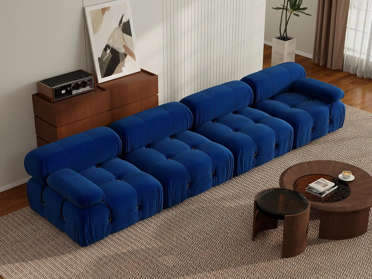 Éther Blue 4-Seater Couch Sectionals | 4-Piece, Velvet Fabric, Fixed Upholstery