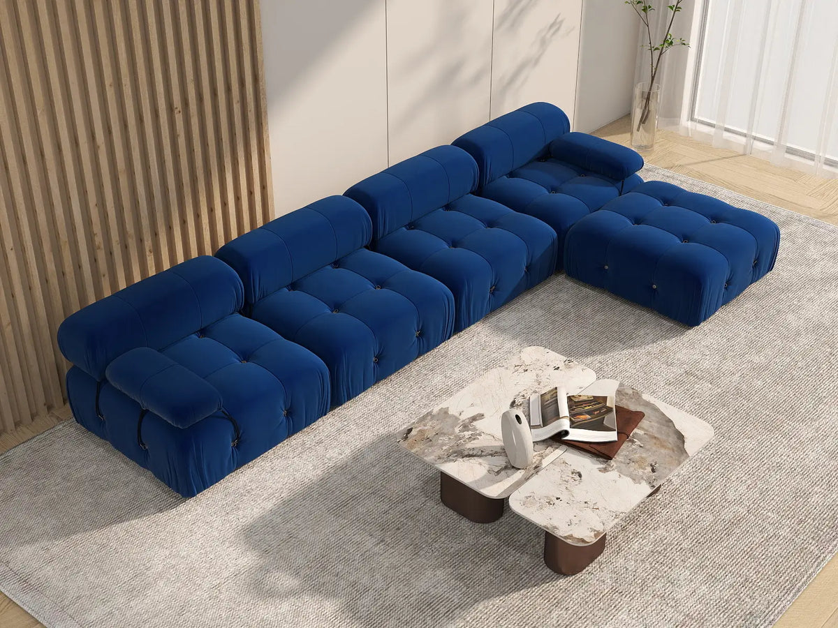 Sofá modular en forma de L Matrix de 4 plazas, color azul | 5 piezas (incluye 1 otomana), tela de terciopelo, gran capacidad.
