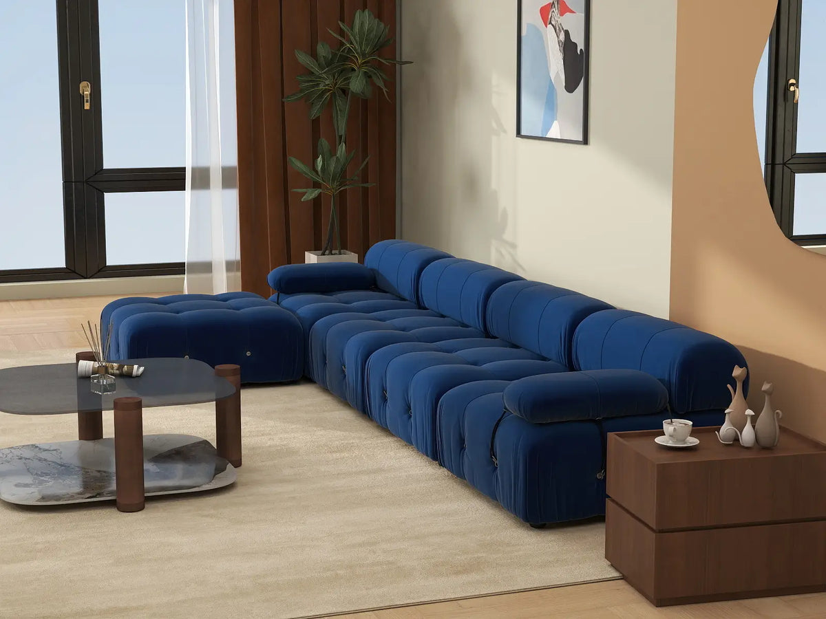 Sofá modular en forma de L Matrix de 4 plazas, color azul | 5 piezas (incluye 1 otomana), tela de terciopelo, gran capacidad.