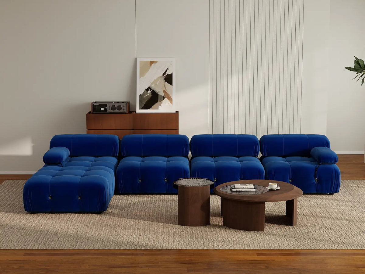 Sofá modular en forma de L Matrix de 4 plazas, color azul | 5 piezas (incluye 1 otomana), tela de terciopelo, gran capacidad.
