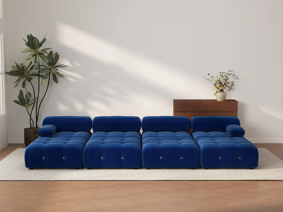 Éther Blue 4-Seater Pit Sectionals | 8-Piece (includes 4 ottomans), Velvet Fabric, Fixed Upholstery