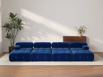 Éther Blue 4-Seater Pit Sectionals | 8-Piece (includes 4 ottomans), Velvet Fabric, Fixed Upholstery