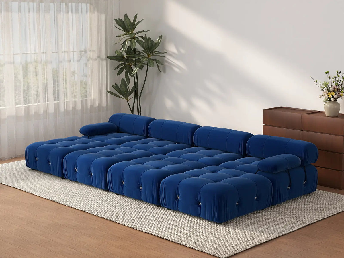 Éther Blue 4-Seater Pit Sectionals | 8-Piece (includes 4 ottomans), Velvet Fabric, Fixed Upholstery