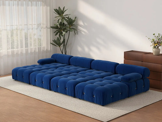 Éther Blue 4-Seater Pit Sectionals | 8-Piece (includes 4 ottomans), Velvet Fabric, Fixed Upholstery