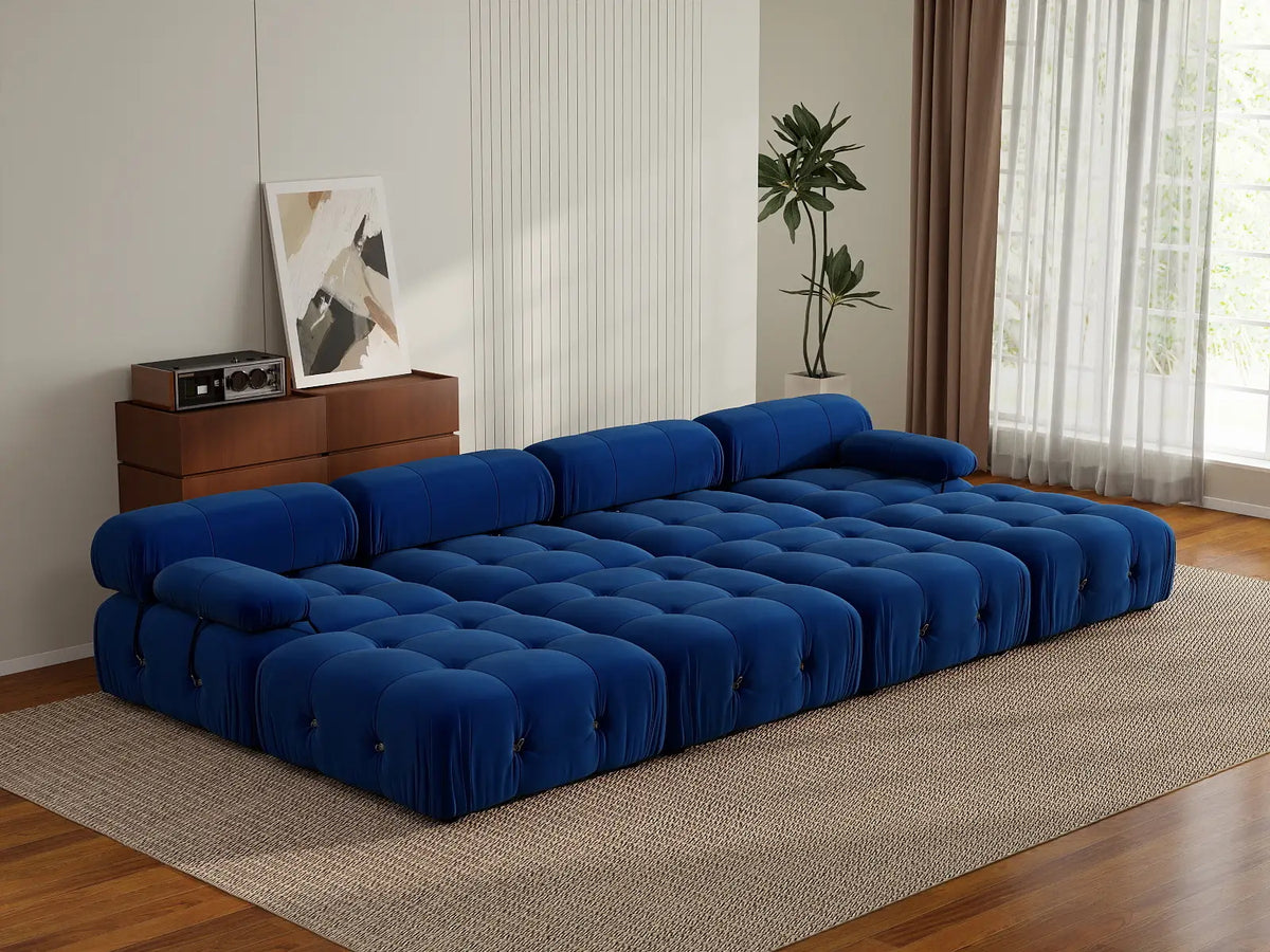 Éther Blue 4-Seater Pit Sectionals | 8-Piece (includes 4 ottomans), Velvet Fabric, Fixed Upholstery