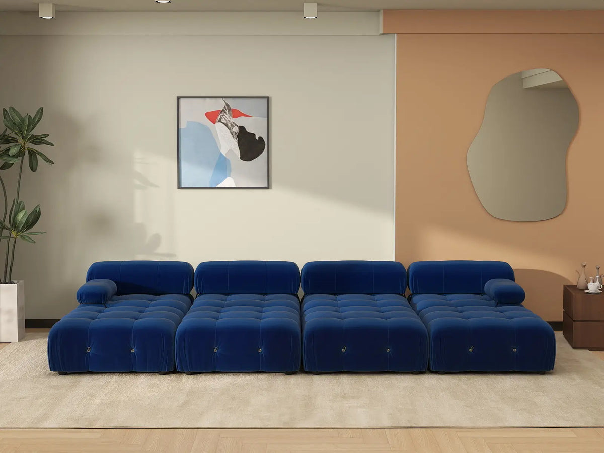Éther Blue 4-Seater Pit Sectionals | 8-Piece (includes 4 ottomans), Velvet Fabric, Fixed Upholstery