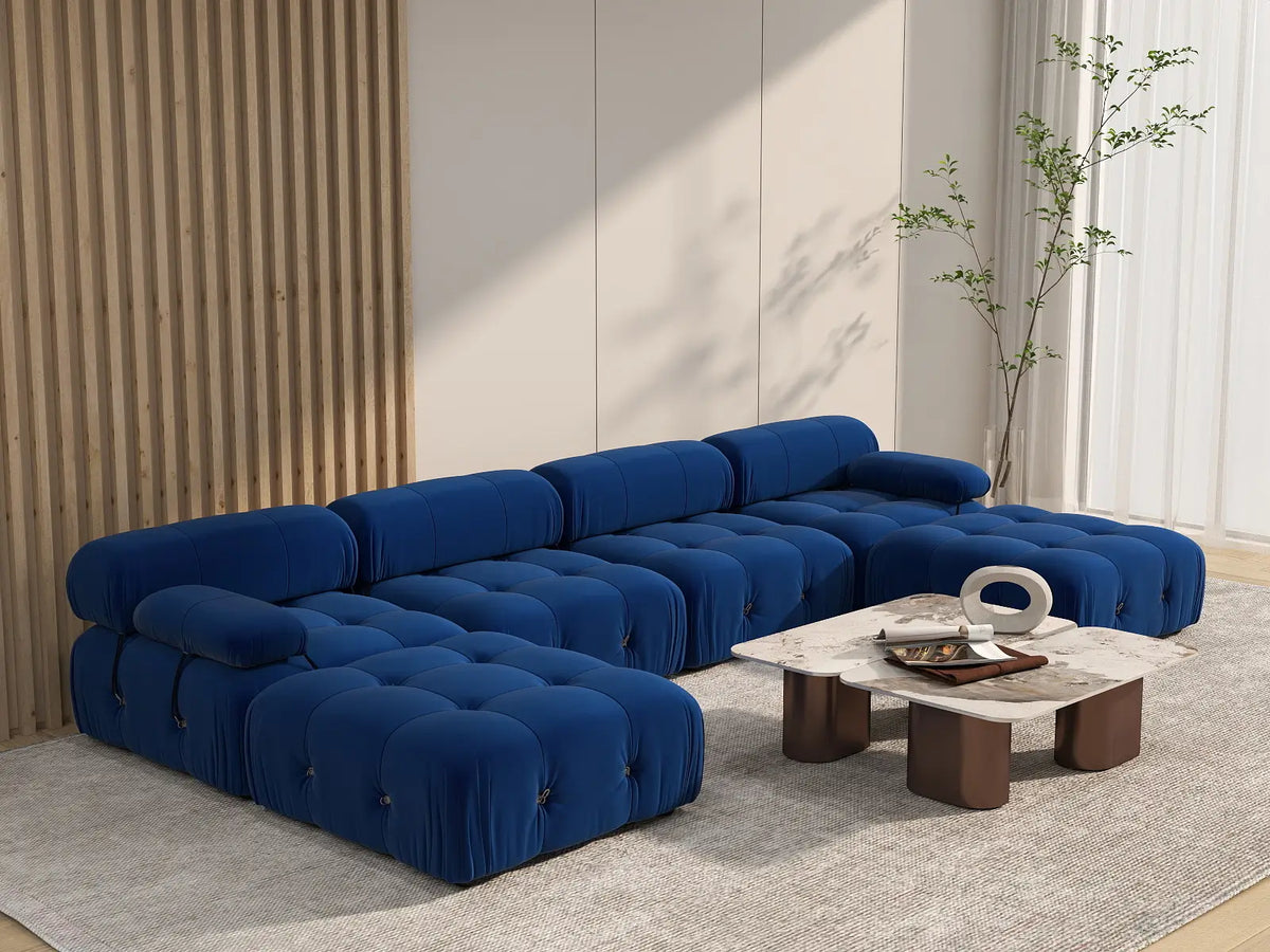 Éther Blue 4-Seater U-Shaped Sectionals | 6-Piece (includes 2 ottomans), Velvet Fabric, Fixed Upholstery