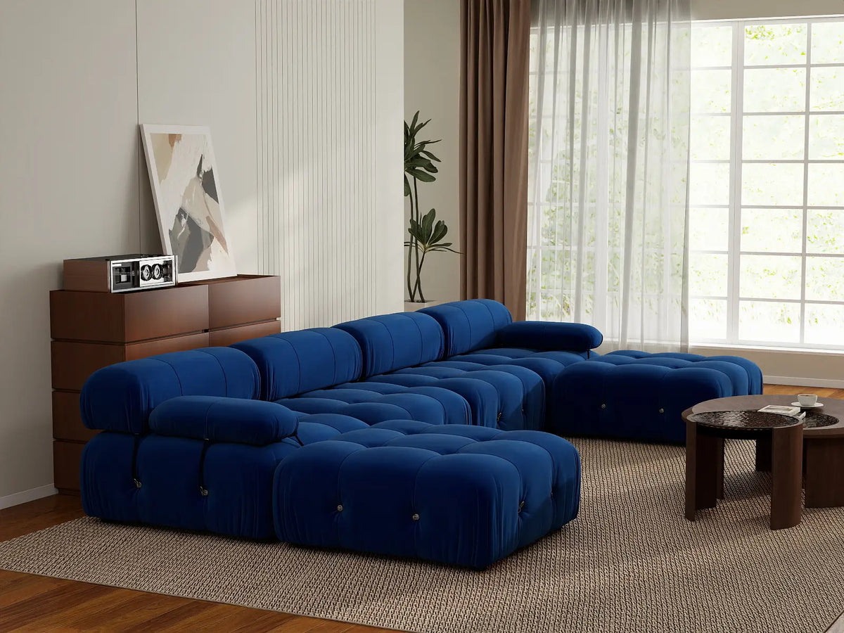 Éther Blue 4-Seater U-Shaped Sectionals | 6-Piece (includes 2 ottomans), Velvet Fabric, Fixed Upholstery