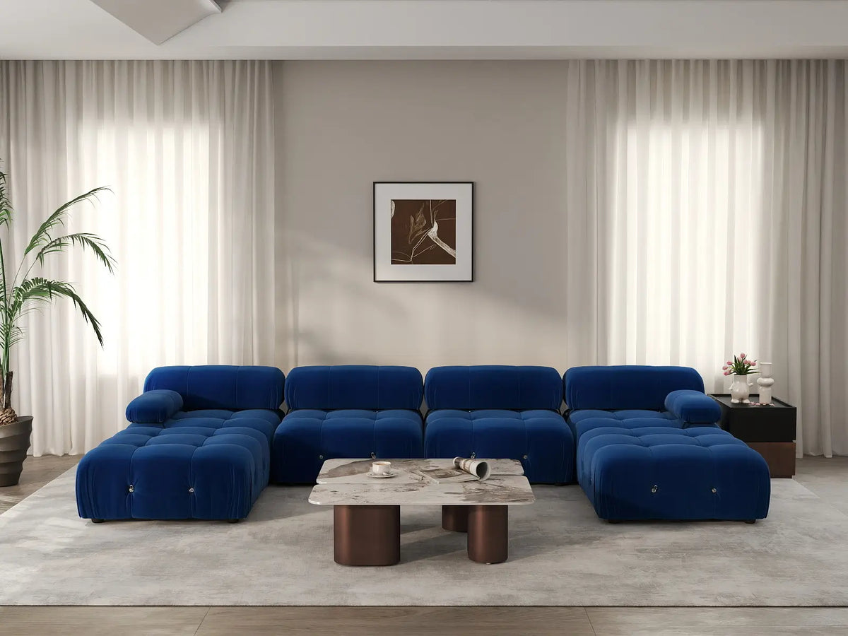 Éther Blue 4-Seater U-Shaped Sectionals | 6-Piece (includes 2 ottomans), Velvet Fabric, Fixed Upholstery