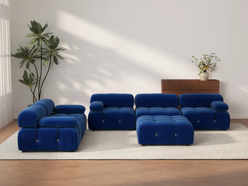 Éther Blue 5-Seater Sofa Sets | 6-Piece (includes 1 ottoman), Velvet Fabric, Fixed Upholstery