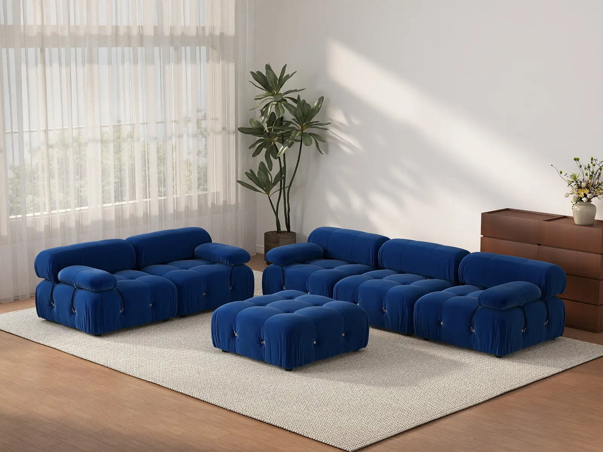 Éther Blue 5-Seater Sofa Sets | 6-Piece (includes 1 ottoman), Velvet Fabric, Fixed Upholstery