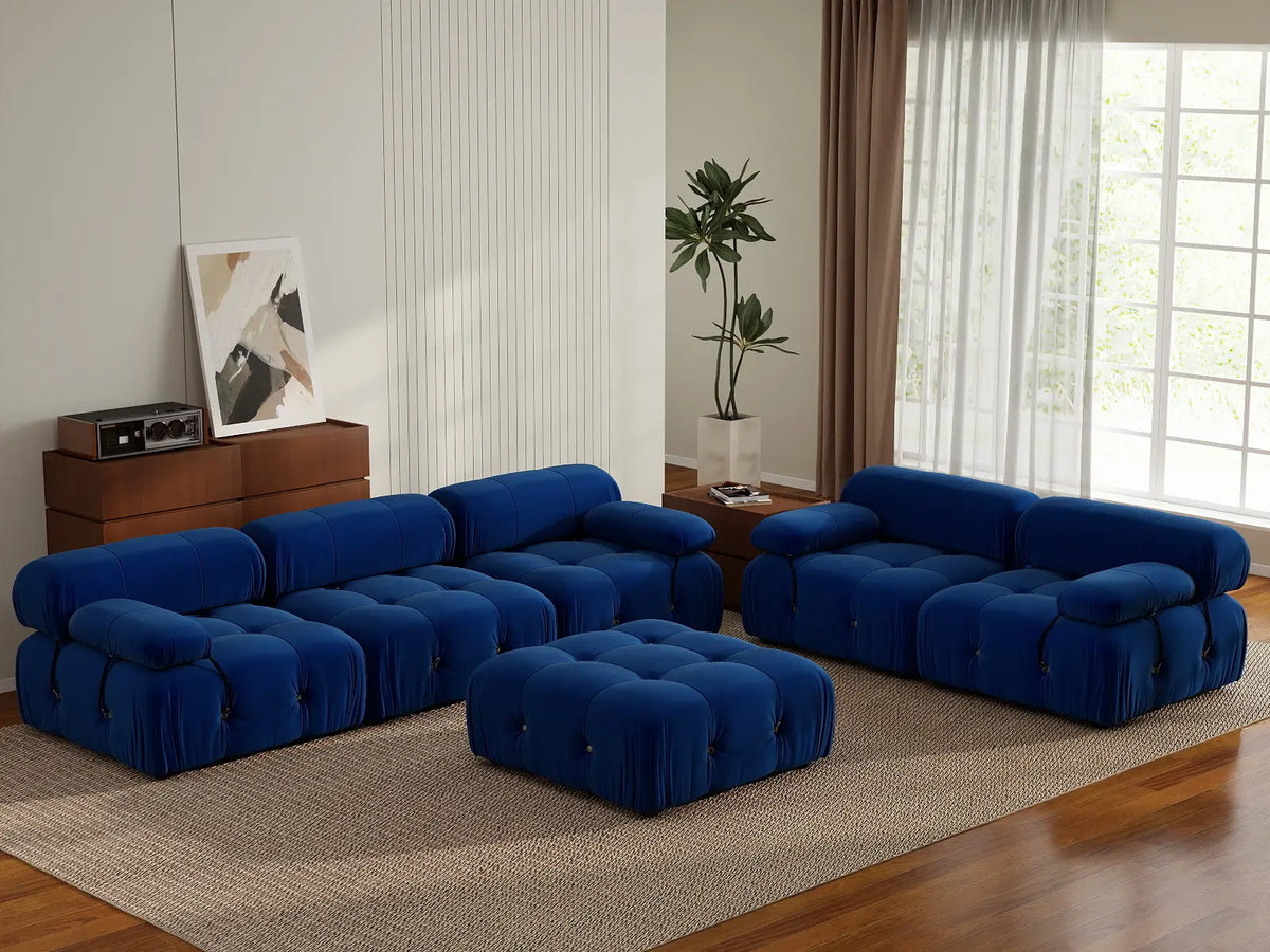 Éther Blue 5-Seater Sofa Sets | 6-Piece (includes 1 ottoman), Velvet Fabric, Fixed Upholstery