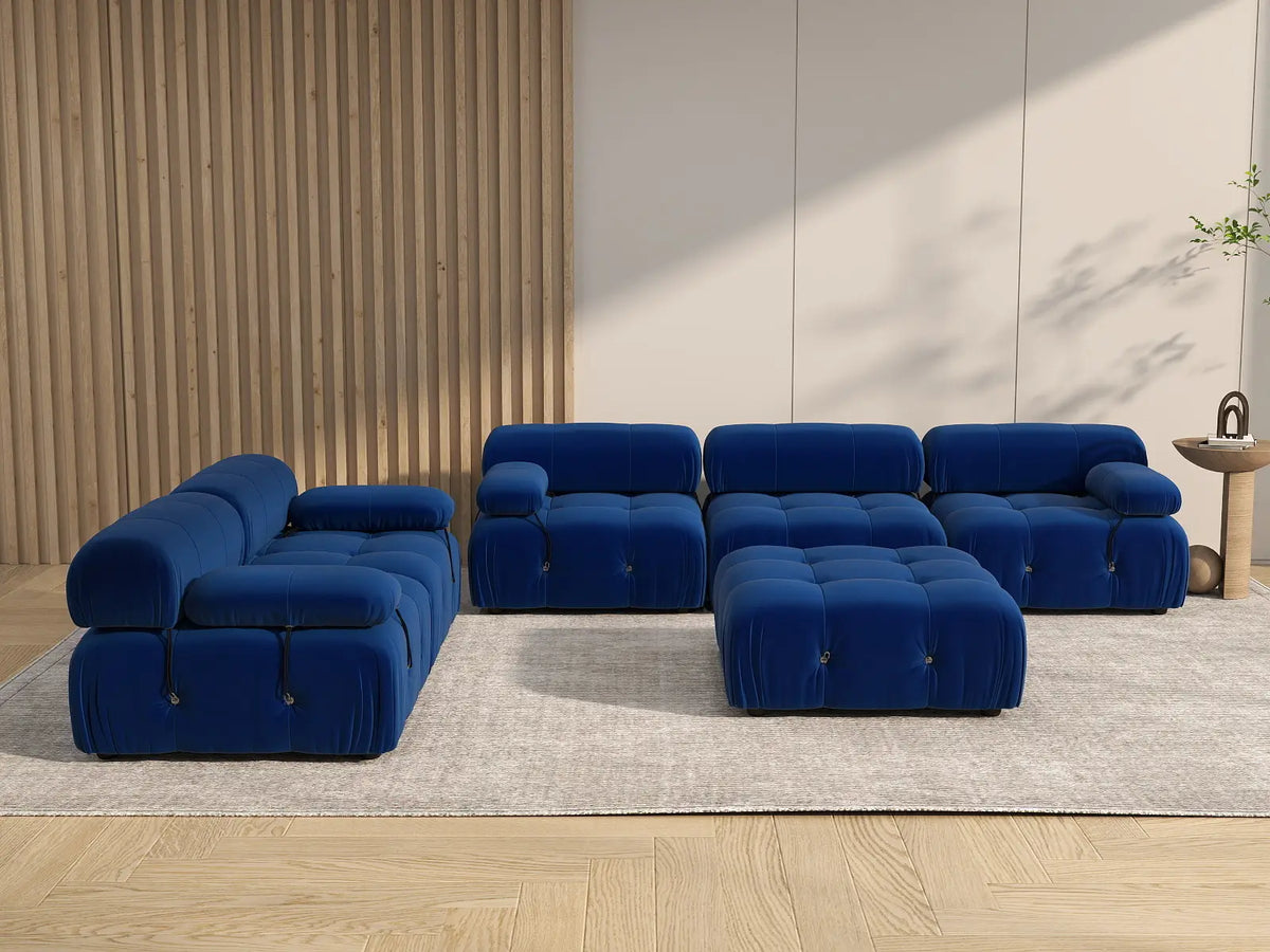 Éther Blue 5-Seater Sofa Sets | 6-Piece (includes 1 ottoman), Velvet Fabric, Fixed Upholstery