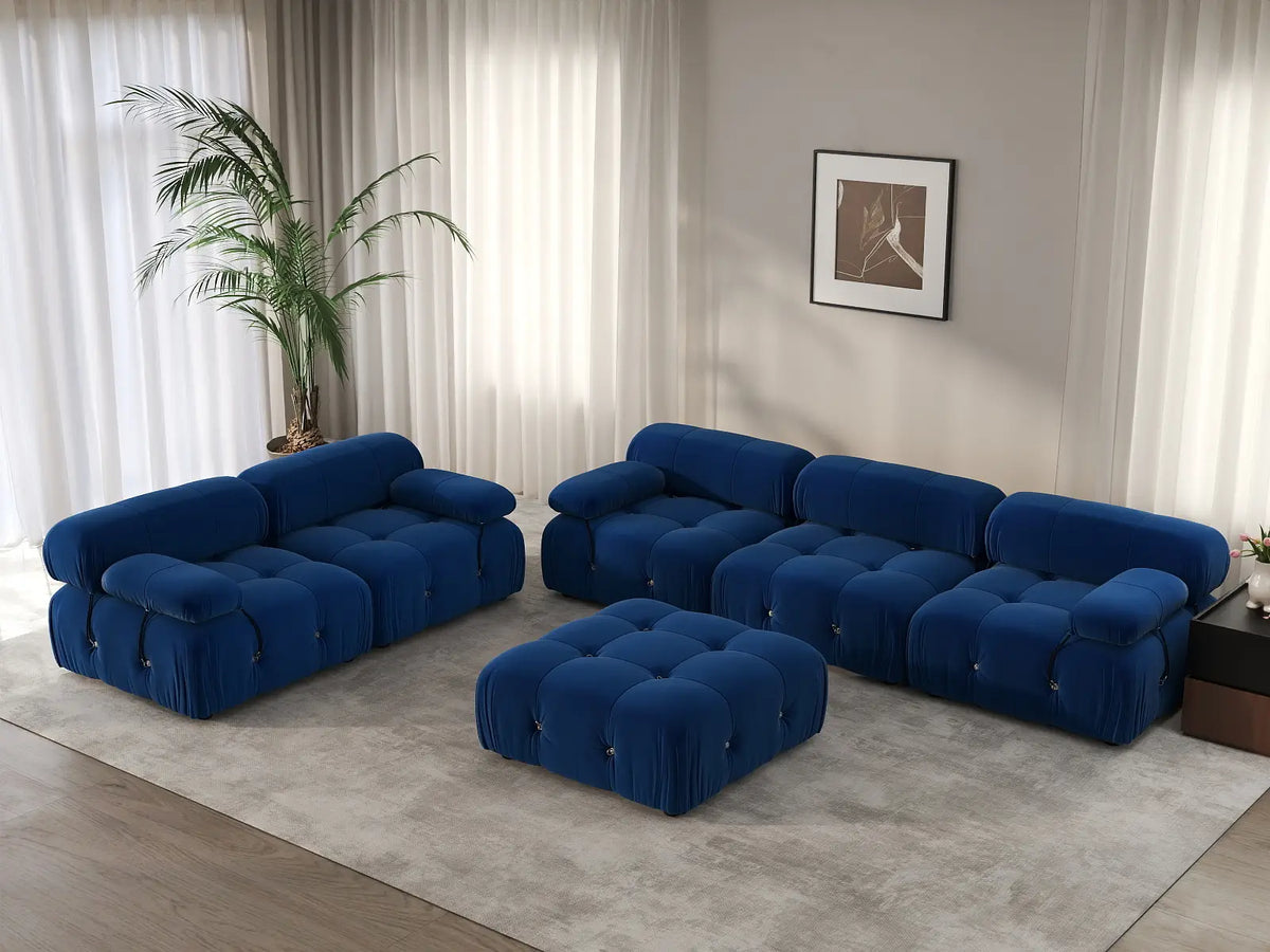 Éther Blue 5-Seater Sofa Sets | 6-Piece (includes 1 ottoman), Velvet Fabric, Fixed Upholstery