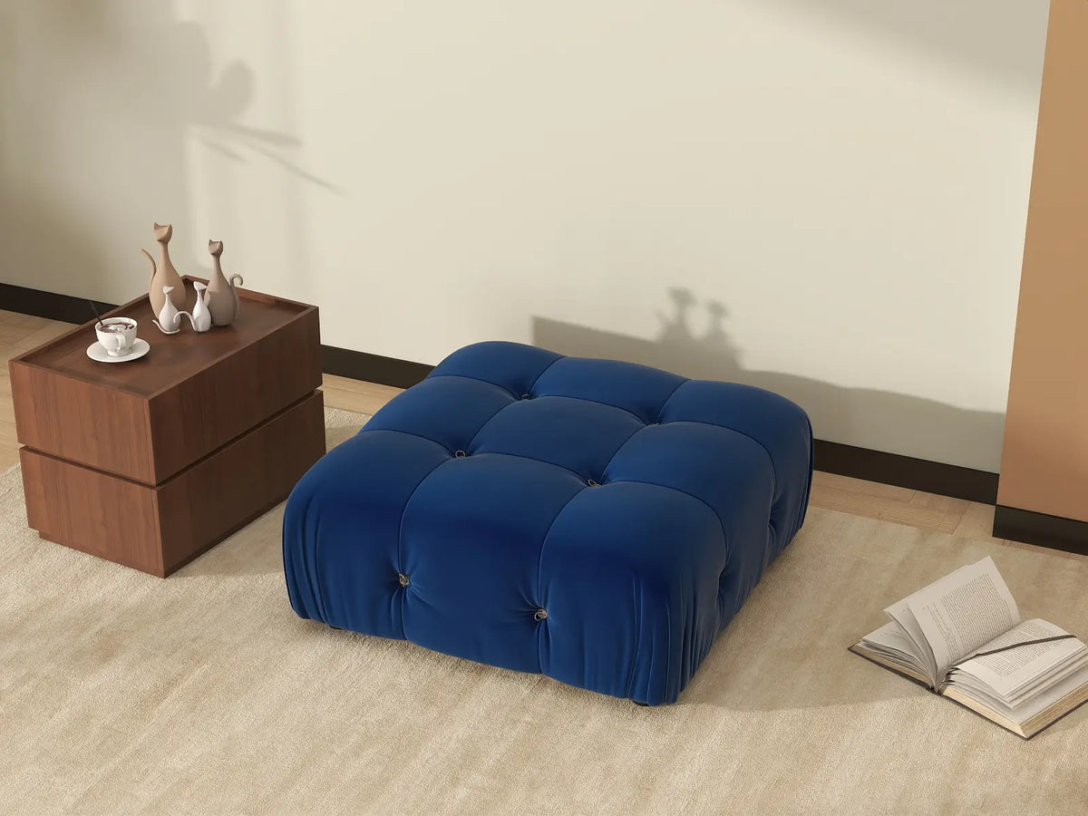 Éther Blue Ottomans | 1-Piece (includes 1 ottoman), Velvet Fabric, Fixed Upholstery