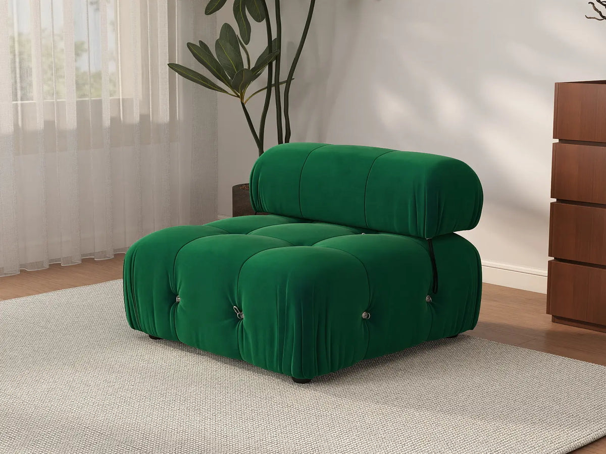 Éther Green 1-Seater Single Sofa | 1-Piece, Velvet Fabric, Fixed Upholstery