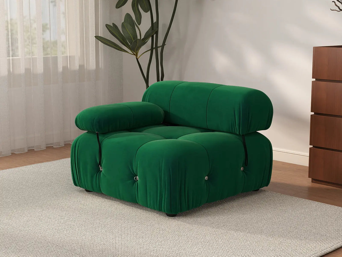 Éther Green 1-Seater Single Sofa | 1-Piece, Velvet Fabric, Fixed Upholstery