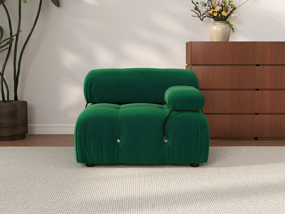 Éther Green 1-Seater Single Sofa | 1-Piece, Velvet Fabric, Fixed Upholstery