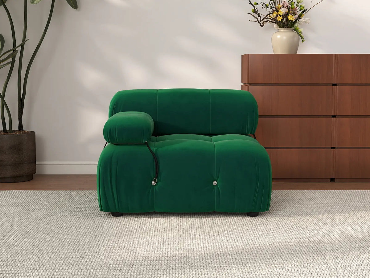 Éther Green 1-Seater Single Sofa | 1-Piece, Velvet Fabric, Fixed Upholstery