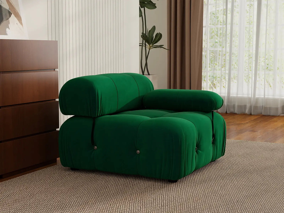 Éther Green 1-Seater Single Sofa | 1-Piece, Velvet Fabric, Fixed Upholstery