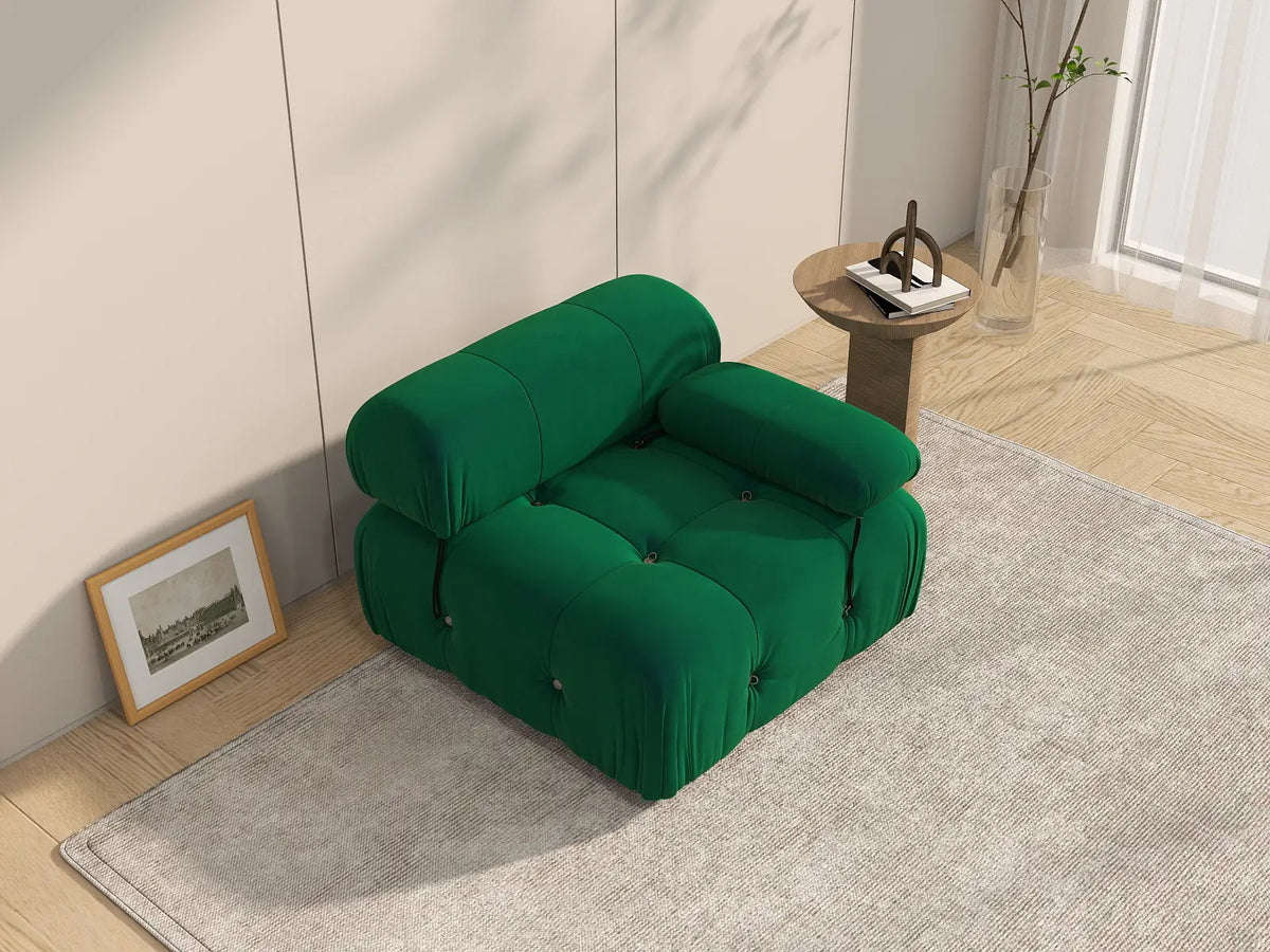 Éther Green 1-Seater Single Sofa | 1-Piece, Velvet Fabric, Fixed Upholstery