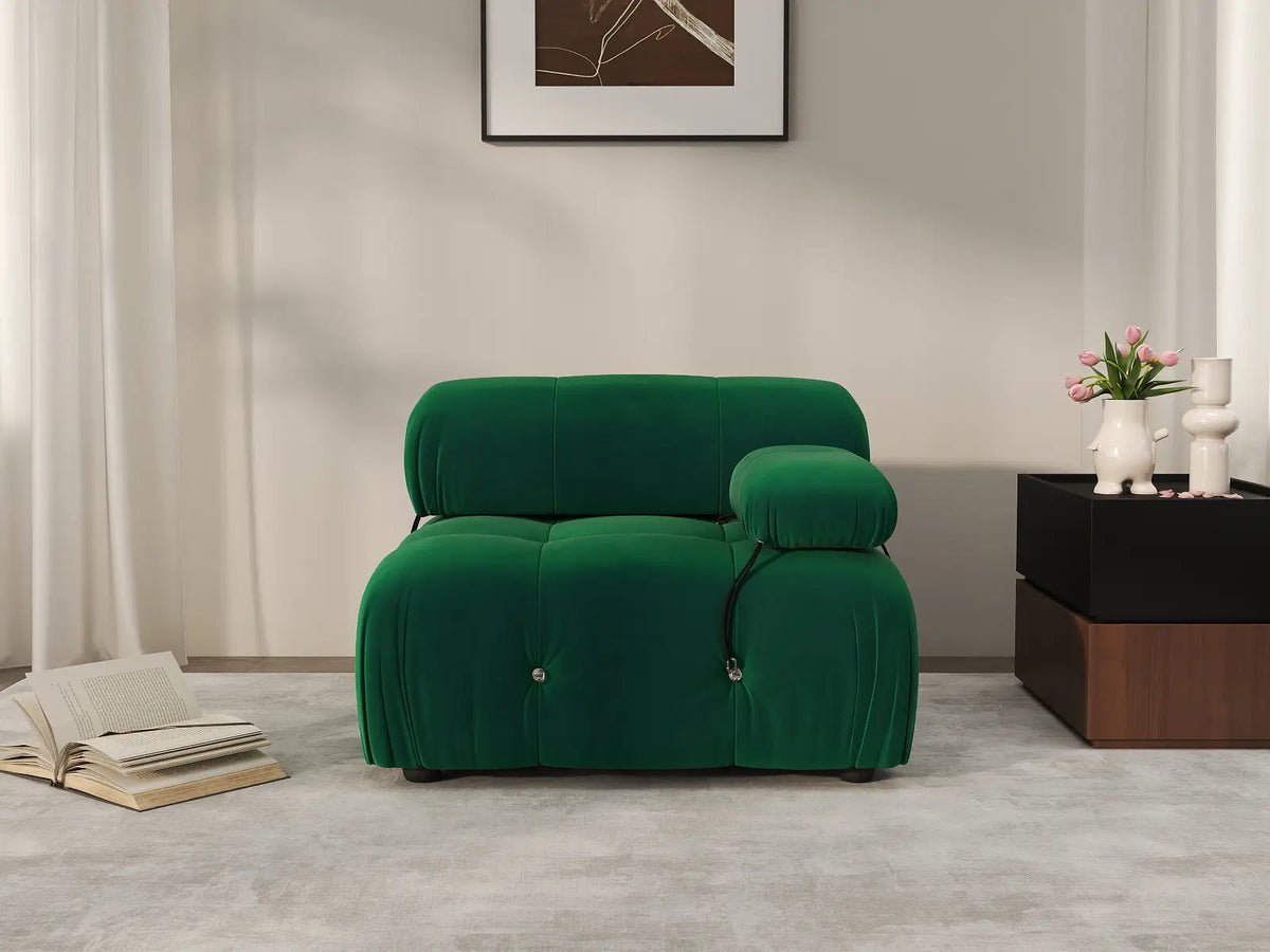 Éther Green 1-Seater Single Sofa | 1-Piece, Velvet Fabric, Fixed Upholstery