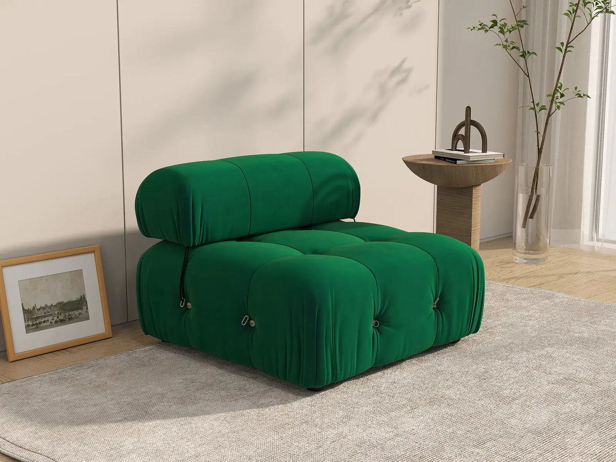 Éther Green 1-Seater Single Sofa | 1-Piece, Velvet Fabric, Fixed Upholstery