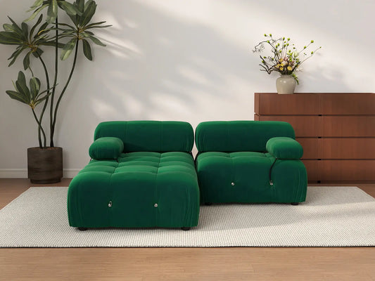 Éther Green 2-Seater Chaise Sectionals | 3-Piece (includes 1 ottoman), Velvet Fabric, Fixed Upholstery