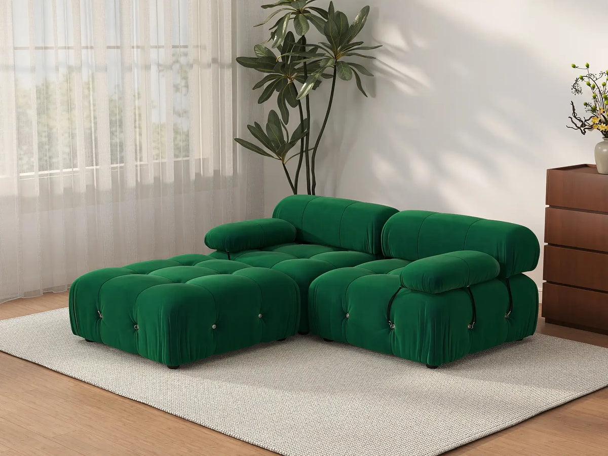 Éther Green 2-Seater Chaise Sectionals | 3-Piece (includes 1 ottoman), Velvet Fabric, Fixed Upholstery