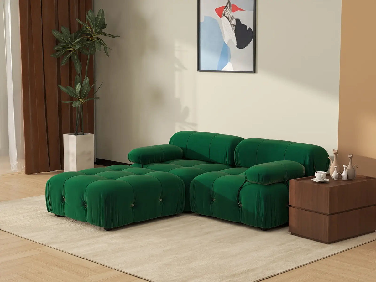 Éther Green 2-Seater Chaise Sectionals | 3-Piece (includes 1 ottoman), Velvet Fabric, Fixed Upholstery