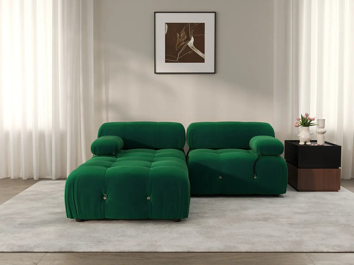Éther Green 2-Seater Chaise Sectionals | 3-Piece (includes 1 ottoman), Velvet Fabric, Fixed Upholstery