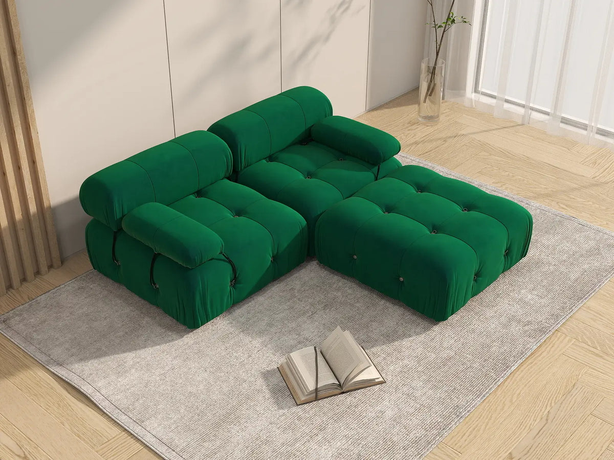 Éther Green 2-Seater Chaise Sectionals | 3-Piece (includes 1 ottoman), Velvet Fabric, Fixed Upholstery