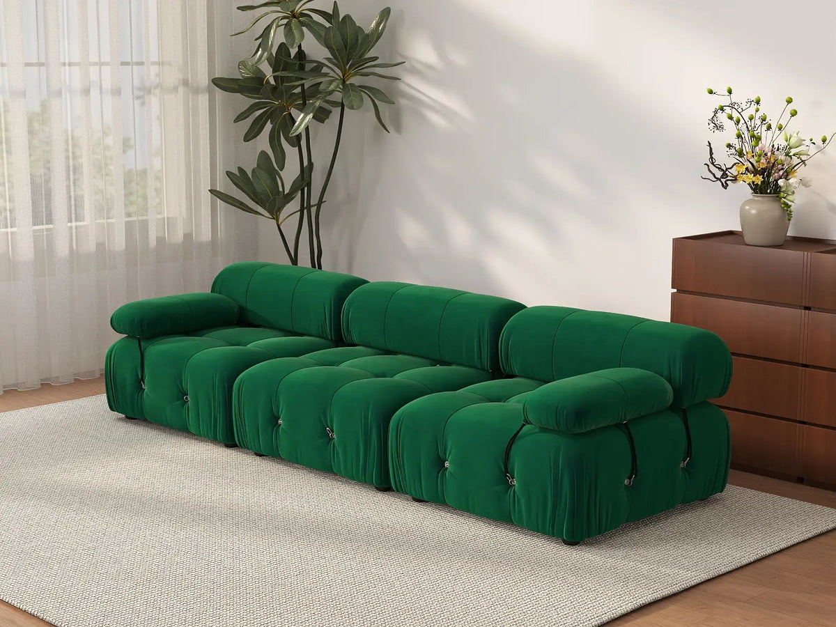 Éther Green 3-Seater Couch Sectionals | 3-Piece, Velvet Fabric, Fixed Upholstery
