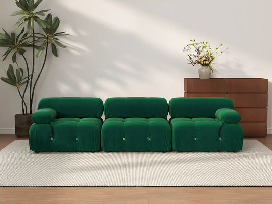 Éther Green 3-Seater Couch Sectionals | 3-Piece, Velvet Fabric, Fixed Upholstery