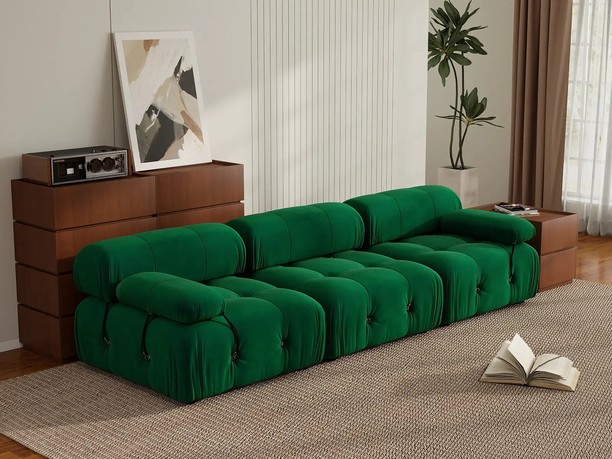 Éther Green 3-Seater Couch Sectionals | 3-Piece, Velvet Fabric, Fixed Upholstery