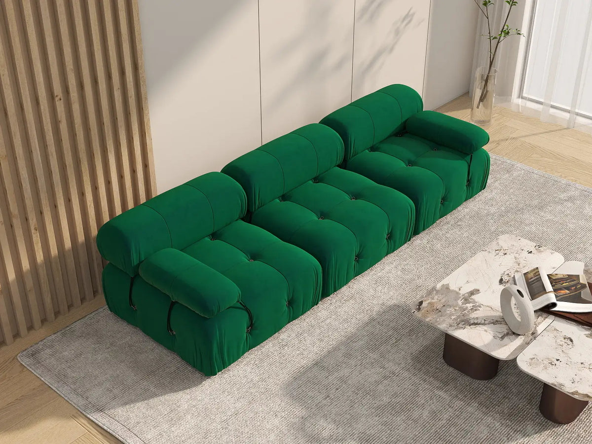 Éther Green 3-Seater Couch Sectionals | 3-Piece, Velvet Fabric, Fixed Upholstery