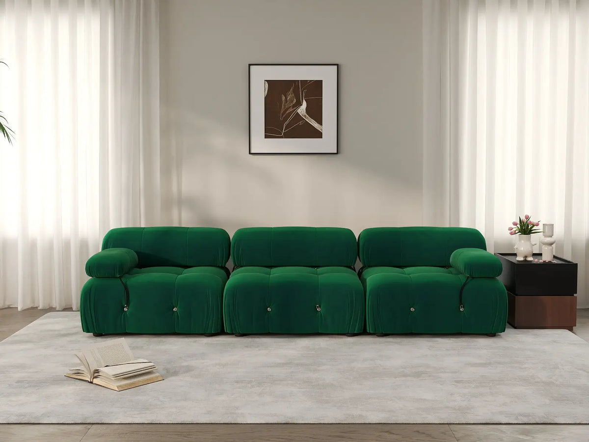 Éther Green 3-Seater Couch Sectionals | 3-Piece, Velvet Fabric, Fixed Upholstery