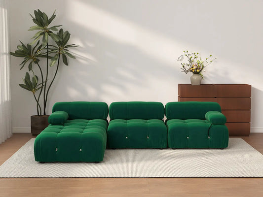 Éther Green 3-Seater L-Shaped Sectionals | 4-Piece (includes 1 ottoman), Velvet Fabric, Fixed Upholstery