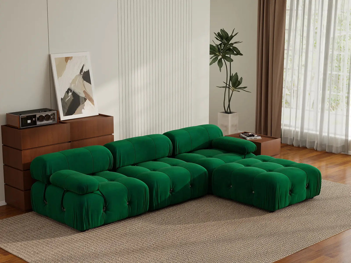 Éther Green 3-Seater L-Shaped Sectionals | 4-Piece (includes 1 ottoman), Velvet Fabric, Fixed Upholstery