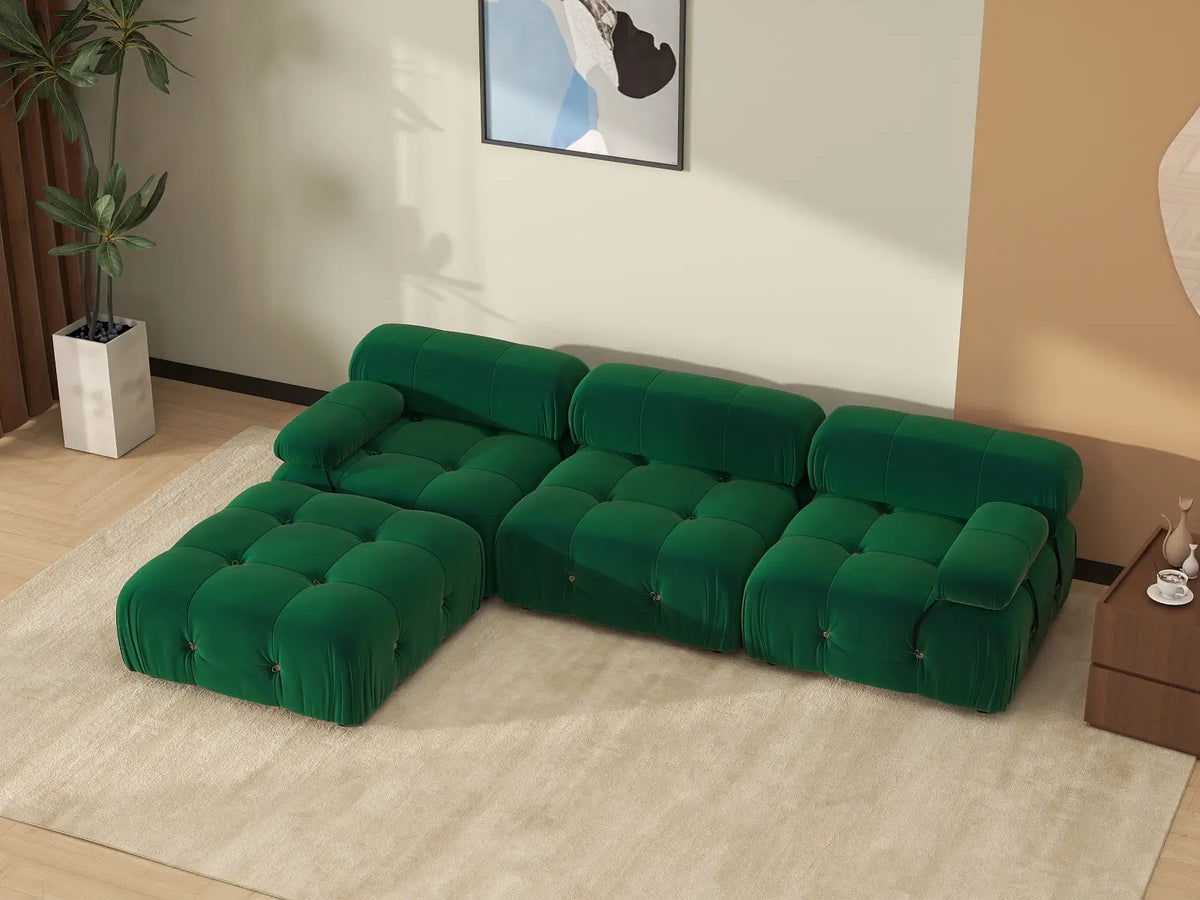 Éther Green 3-Seater L-Shaped Sectionals | 4-Piece (includes 1 ottoman), Velvet Fabric, Fixed Upholstery