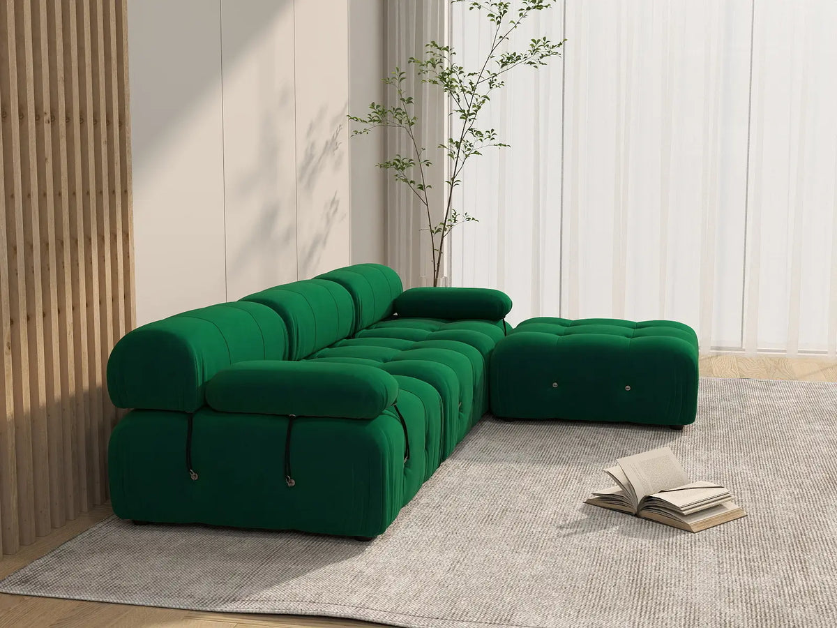 Éther Green 3-Seater L-Shaped Sectionals | 4-Piece (includes 1 ottoman), Velvet Fabric, Fixed Upholstery