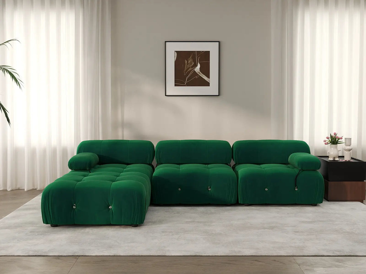 Éther Green 3-Seater L-Shaped Sectionals | 4-Piece (includes 1 ottoman), Velvet Fabric, Fixed Upholstery