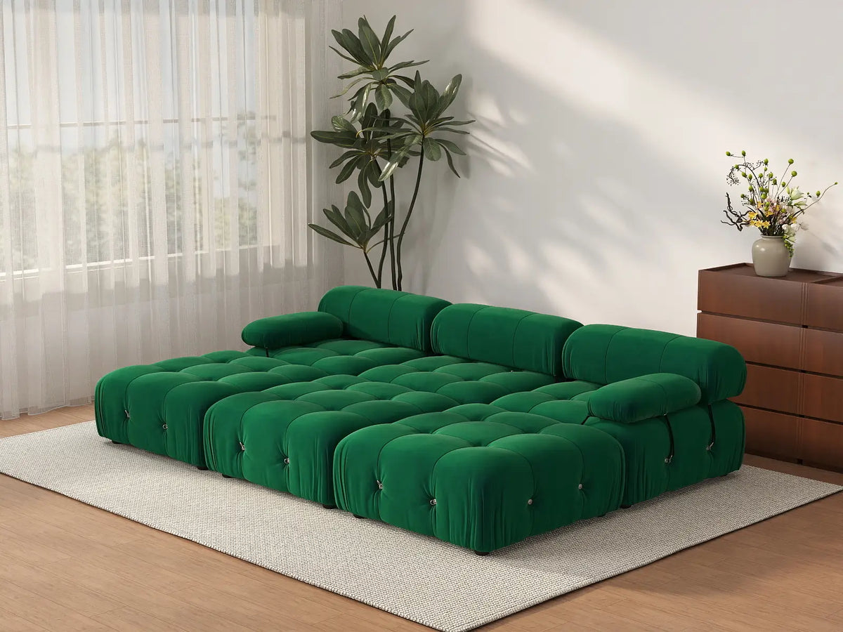 Éther Green 3-Seater Pit Sectionals | 6-Piece (includes 3 ottomans), Velvet Fabric, Fixed Upholstery