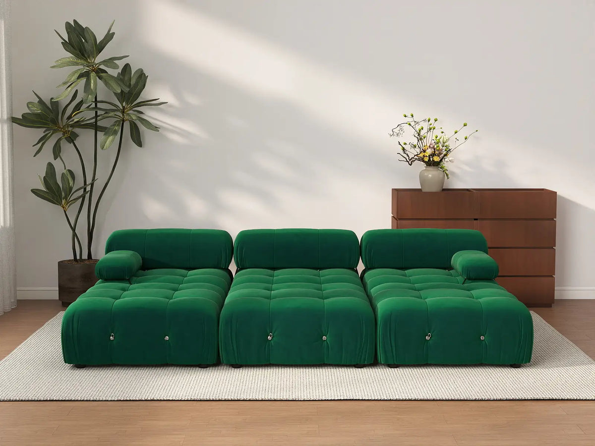 Éther Green 3-Seater Pit Sectionals | 6-Piece (includes 3 ottomans), Velvet Fabric, Fixed Upholstery