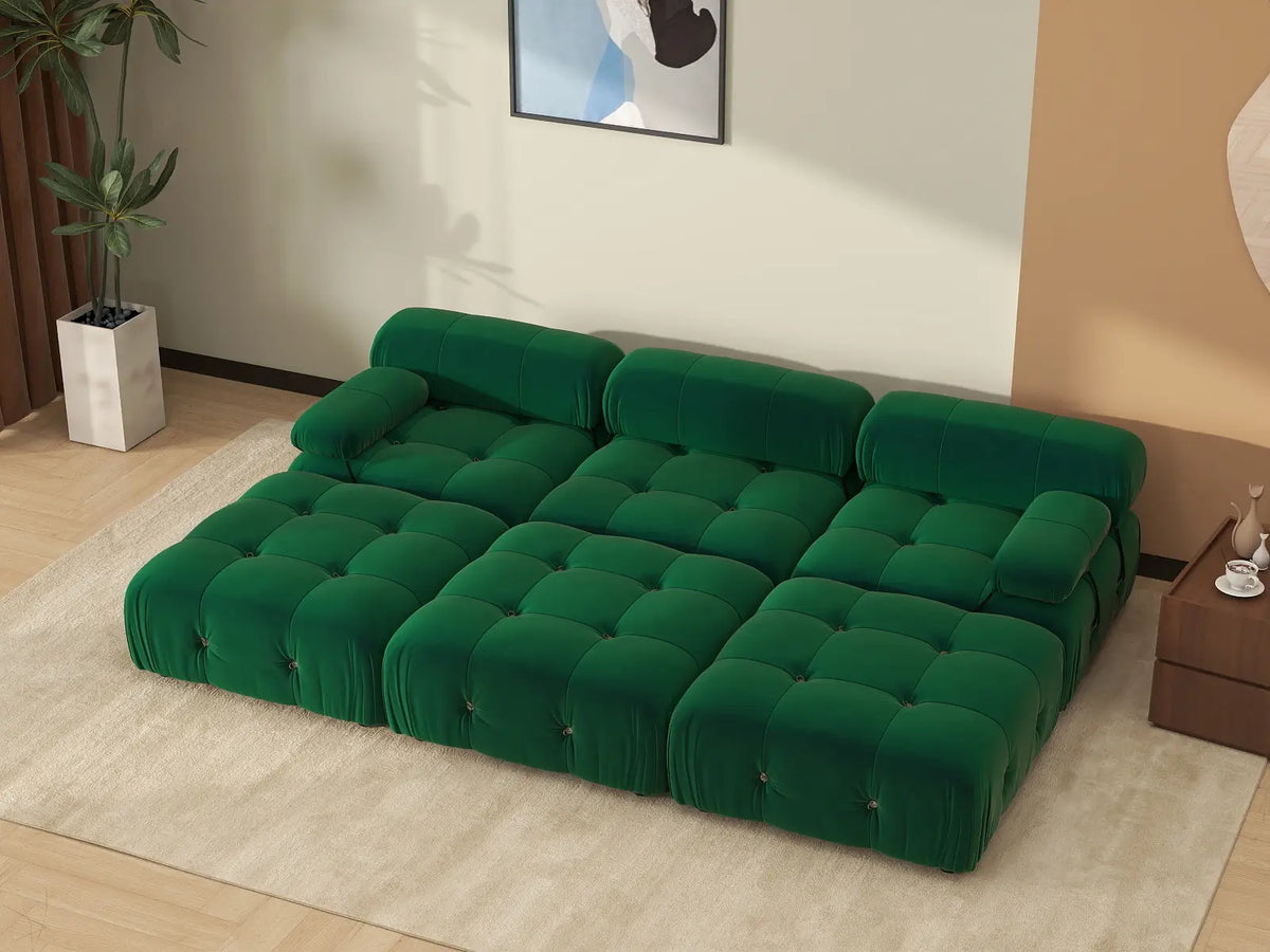 Éther Green 3-Seater Pit Sectionals | 6-Piece (includes 3 ottomans), Velvet Fabric, Fixed Upholstery