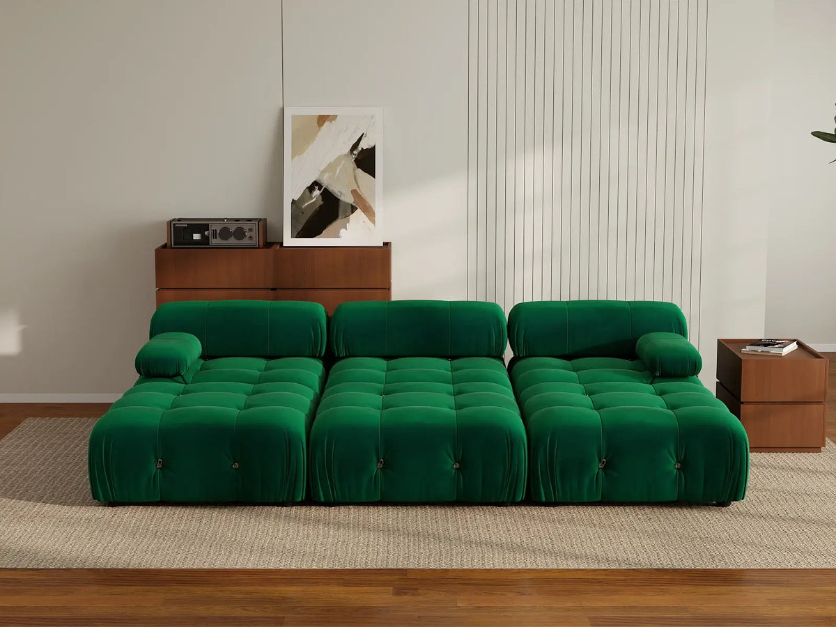 Éther Green 3-Seater Pit Sectionals | 6-Piece (includes 3 ottomans), Velvet Fabric, Fixed Upholstery