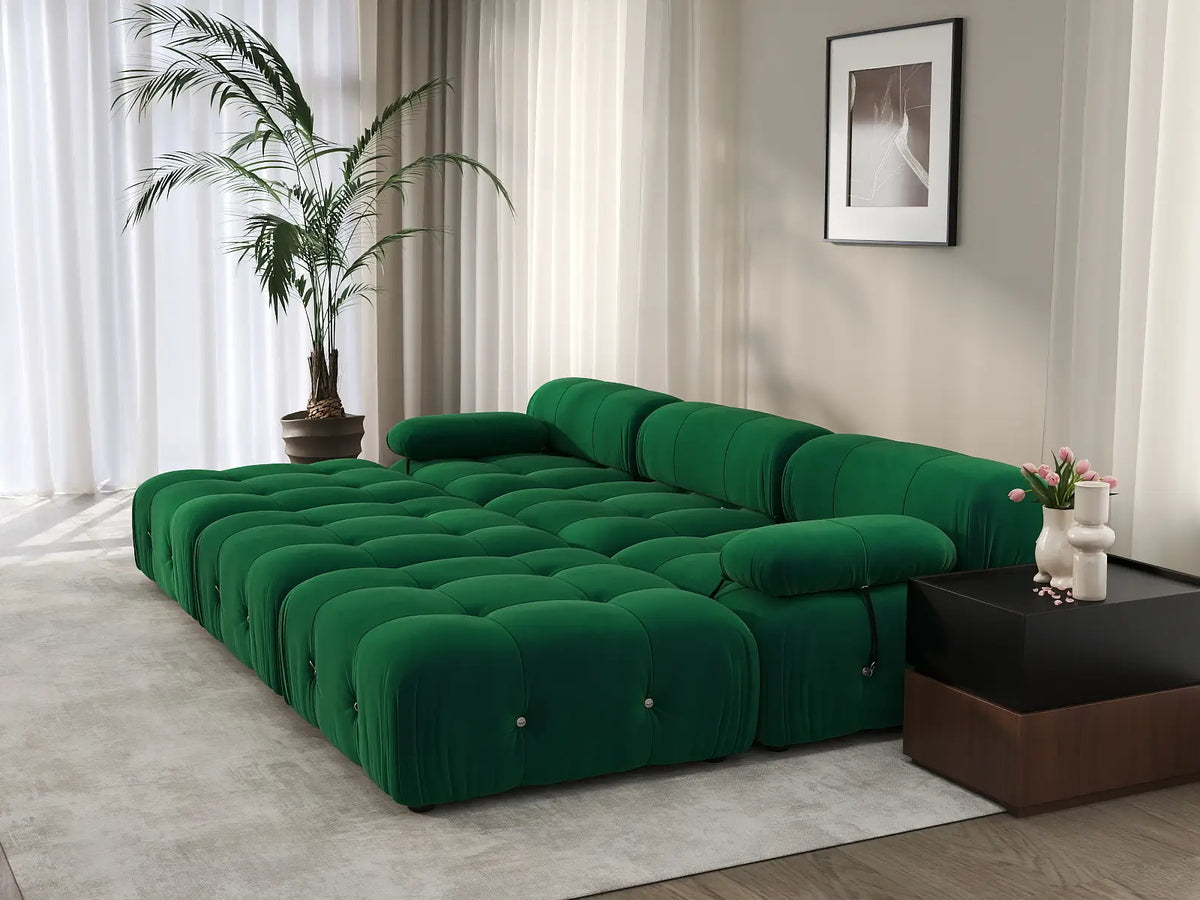 Éther Green 3-Seater Pit Sectionals | 6-Piece (includes 3 ottomans), Velvet Fabric, Fixed Upholstery